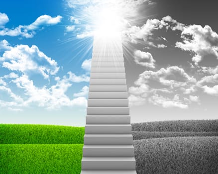 White stair with colored and gray nature landscape as backdrop