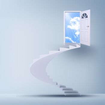 Spiral stairs and magic doors leading to a cloudscape