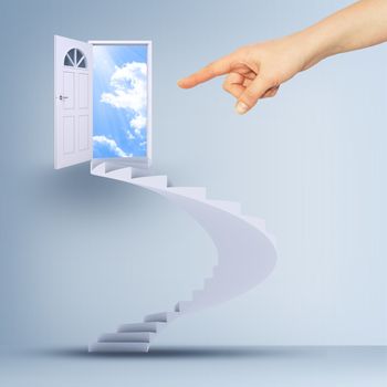 Finger pointing to spiral stairs and magic doors leading to a cloudscape