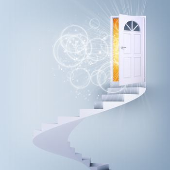 Spiral stairs and magic doors. Concept of freedom
