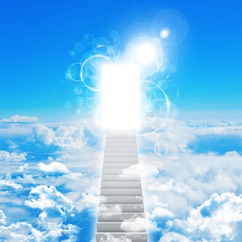 Stairs in sky with clouds and sun. Concept background