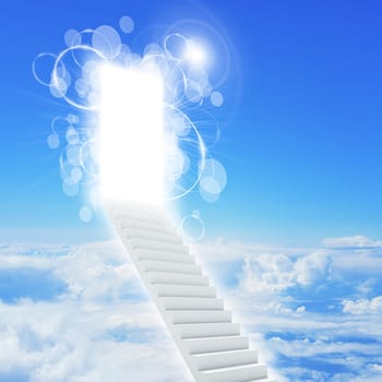 Stairs in sky with clouds and sun. Concept background