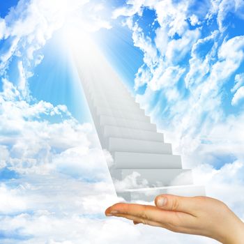 Hand hold stairs in sky with clouds and sun. Concept background