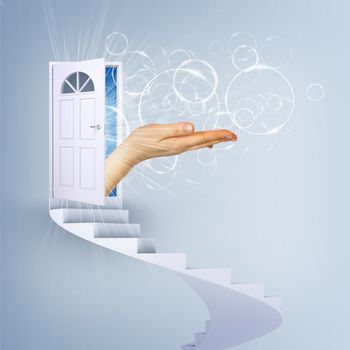 Spiral stairs and magic doors with hand leading to a cloudscape