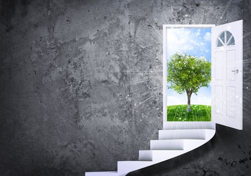 Stairs and magic doors leading to a landscape