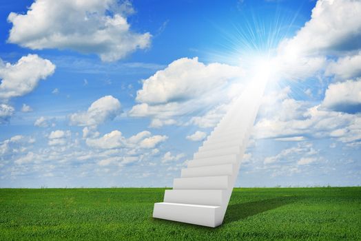 Stairs in sky with green grass, clouds and sun. Concept background