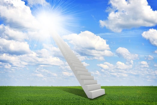 Stairs in sky with green grass, clouds and sun. Concept background