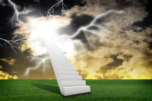 Stairs in sky with green grass and thunderstorm. Concept background