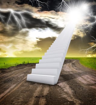 Stairs in sky with green grass, road and thunderstorm. Concept background
