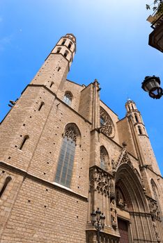 Facade of the Basilica of Santa Maria del Mar (1329-1383) in Catalan Gothic style in Barcelona, Catalonia, Spain