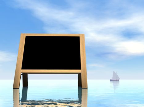 Blackboard upon water with sailing boat in the background by beautiful day - 3D render