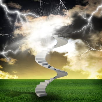 Spiral stairs in sky with green grass and thunderstorm. Concept background