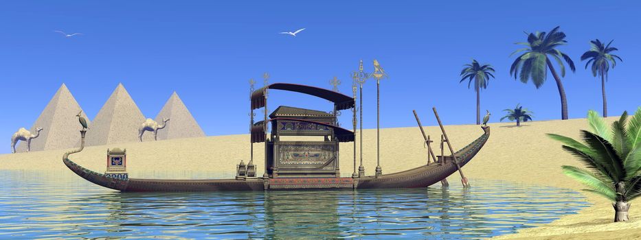 Tomb on sacred barge floating on the water next to sand and pyramids in Egypt - 3D render