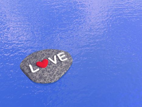 Love with red heart upon a stone on the water - 3D render