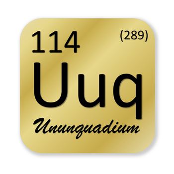 Black ununquadium or flerovium element into golden square shape isolated in white background