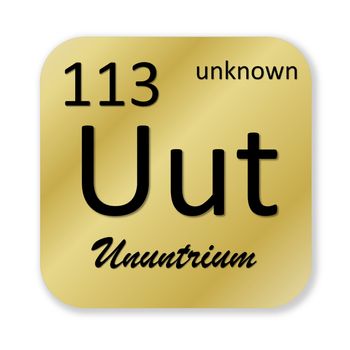 Black ununtrium element into golden square shape isolated in white background
