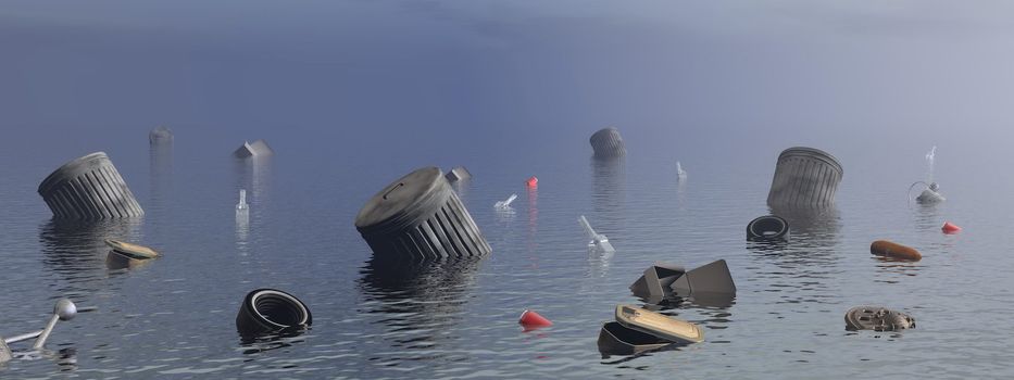 Many object polluting in the ocean - 3D render