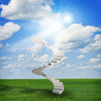 Spiral stairs in sky with green grass, clouds and sun. Concept background
