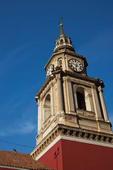 Clock tower of the historic San Francisco church in central Santiago, Chile