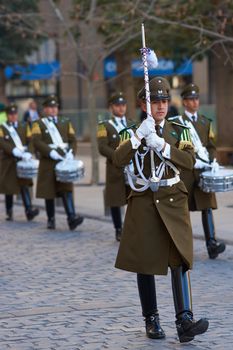 Leader of the Carabineros Band marching as part of the changing of the guard ceremony at La Moneda in Santiago, Chile