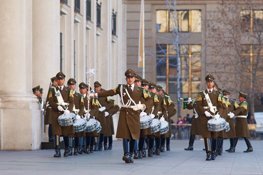 Members of the Carabineros Band marching as part of the changing of the guard ceremony at La Moneda in Santiago, Chile