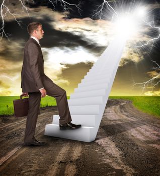 Businessman climbing up stairs leading to sky. Business concept