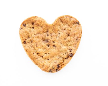 Heart shape chocolate chip cookie isolated on white background
