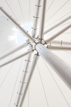 Low angle view of steel structure pillar of modern building roof