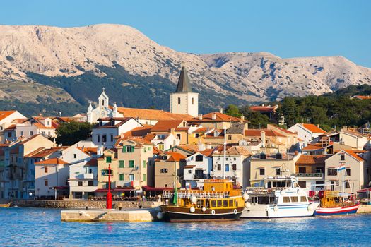 Panoramic view of Baska town, popular touristic destination on island Krk Croatia Europe.