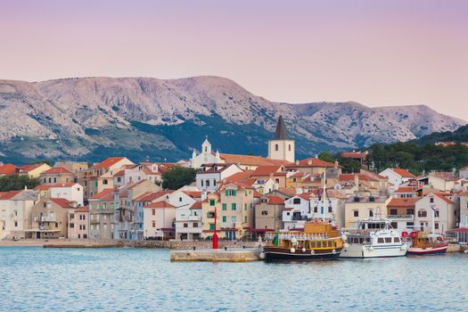 Panoramic view of Baska town, popular touristic destination on island Krk Croatia Europe.