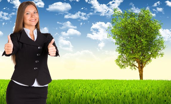 Businesswoman in suit. Tree and green landscape as backdrop