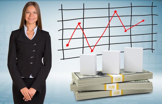 Businesswoman with white boxes and money. Schedule of price increases in background