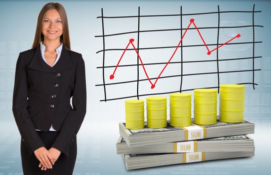 Businesswoman with barrels gas and money. Schedule of price increases in background