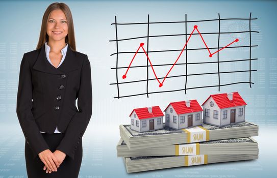 Businesswoman with houses and packs dollars. Schedule of price increases in background