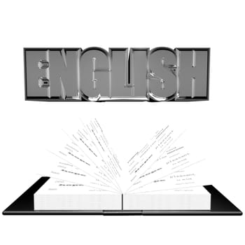 "English" word over an open book, isolated over white, 3d render