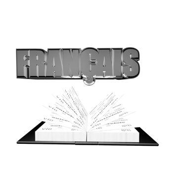 "Francais" (French) word over an open book, isolated over white, 3d render