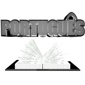 "Portugues" word over an open book, isolated over white, 3d render