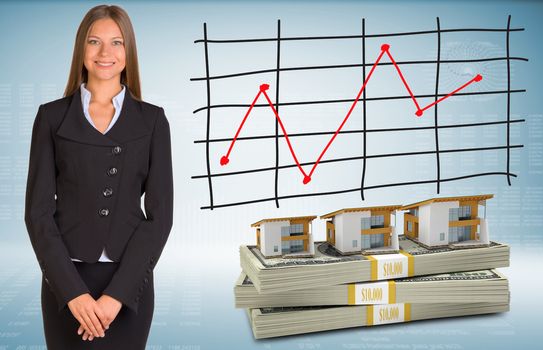 Businesswoman with houses and packs dollars. Schedule of price increases in background