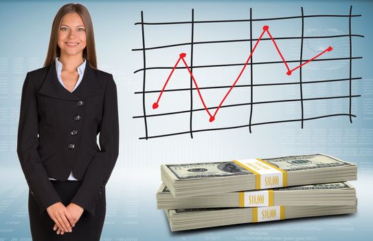Businesswoman with packs dollars. Schedule of price increases in background