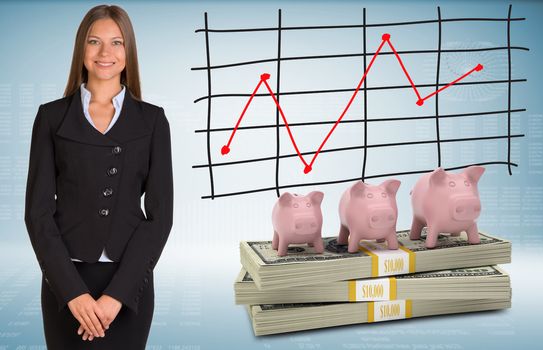 Businesswoman with piggy banks and money. Schedule of price increases in background