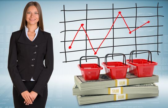 Businesswoman with shopping bags and money. Schedule of price increases in background