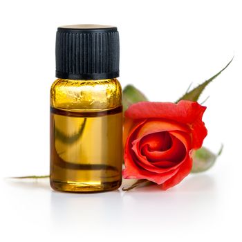 Rose oil in bottle with red rose flower on white background