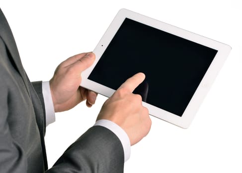 Businessman holding digital tablet, closeup. Isolated on white background