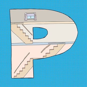 Letter P as cross-section home over blue background