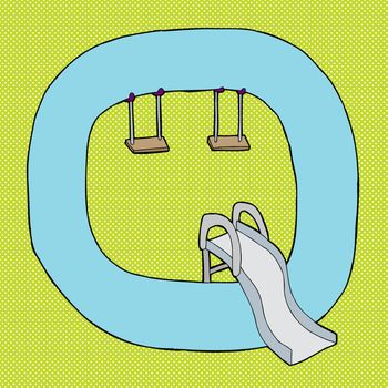 The letter Q as a playground with slide and swings