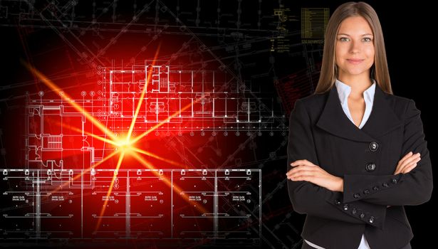 Businesswoman in a suit with background of glowing architectural drawing