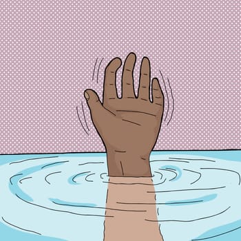 Hand sticking out of water over purple background
