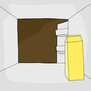 One open cartoon refrigerator with carton of milk