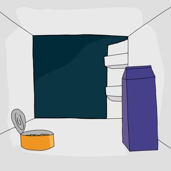 Cartoon open refrigerator with canned food and milk carton