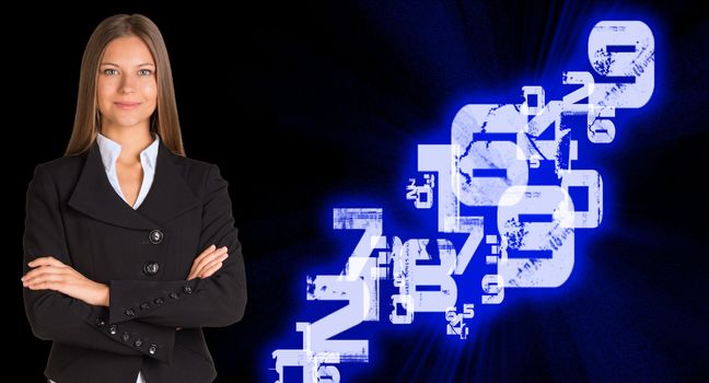 Businesswoman in a suit with background of white glowing figures